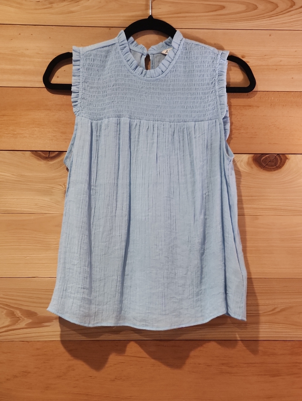 Nanette Lepore Light Blue Smocked Sleeveless Ruffle-Trim Top
